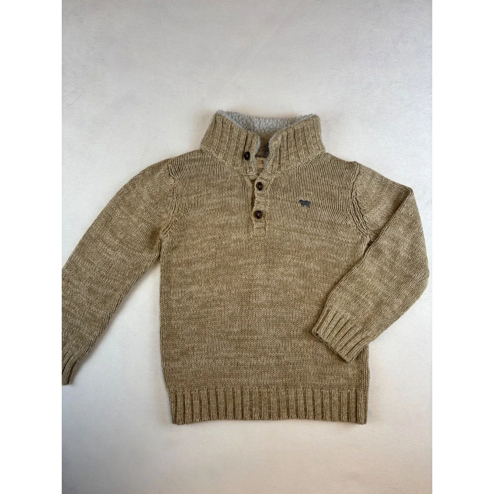 Carters Boys Sweater Size 5 Beige Knit Sherpa Collar Button Up‎ Pullover